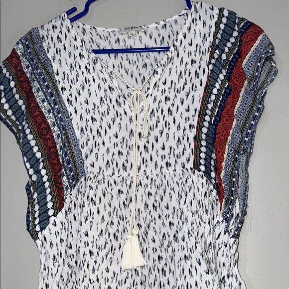 Umgee Black and White Tie Front Bohemian Relaxed Top Large - Picture 7 of 13